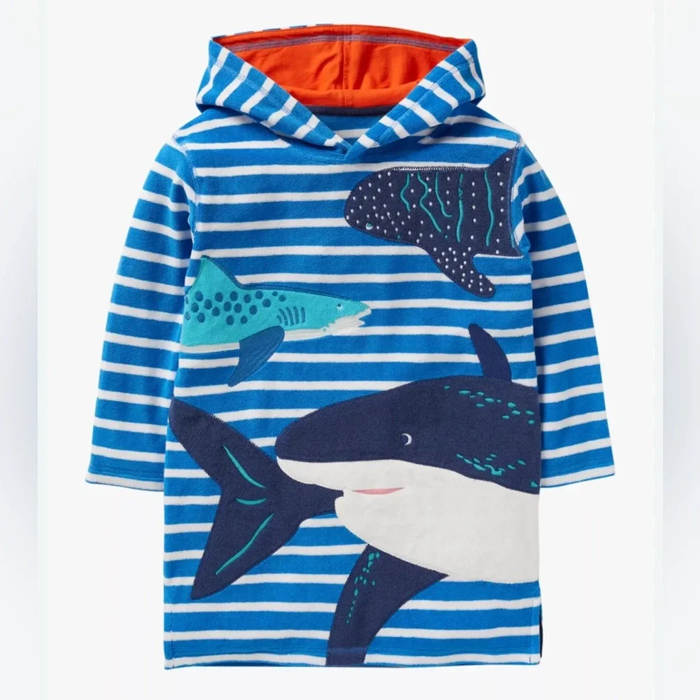 Mini Boden Swim Cover Up Boys Blue and white striped sharks in the water size5-6